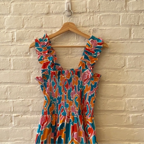 Amanda Uprichard || Adelene Smocked Midi Dress in Miami Print Large - Picture 3 of 9